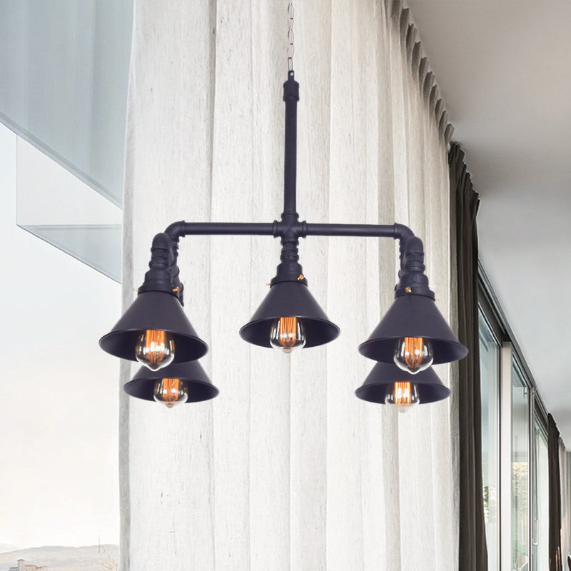 Metal Cone Pendant Chandelier Farmhouse 5-Bulb Living Room Ceiling Hang Fixture in Black/Bronze Clearhalo 'Cast Iron' 'Ceiling Lights' 'Chandeliers' 'Industrial Chandeliers' 'Industrial' 'Metal' 'Middle Century Chandeliers' 'Rustic Chandeliers' 'Tiffany' Lighting' 510745