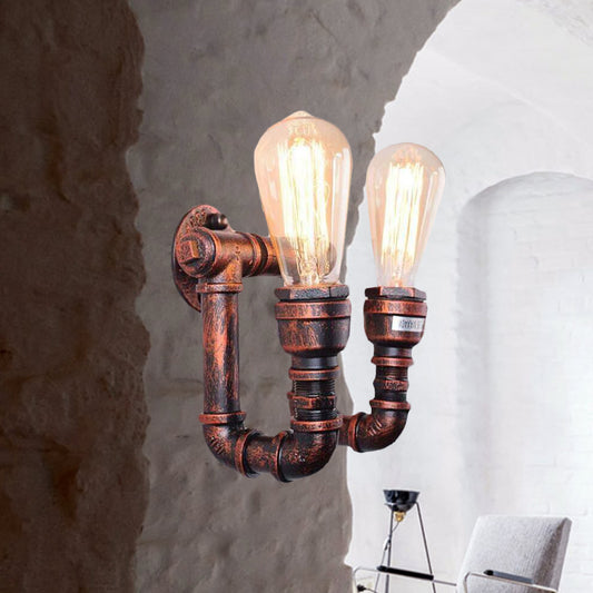 Antiqued Piping Wall Mount Light 2 Lights Metal Sconce Lamp Fixture in Copper for Stairway Copper Clearhalo 'Art deco wall lights' 'Cast Iron' 'Glass' 'Industrial wall lights' 'Industrial' 'Middle century wall lights' 'Modern' 'Rustic wall lights' 'Tiffany' 'Traditional wall lights' 'Wall Lamps & Sconces' 'Wall Lights' Lighting' 510761