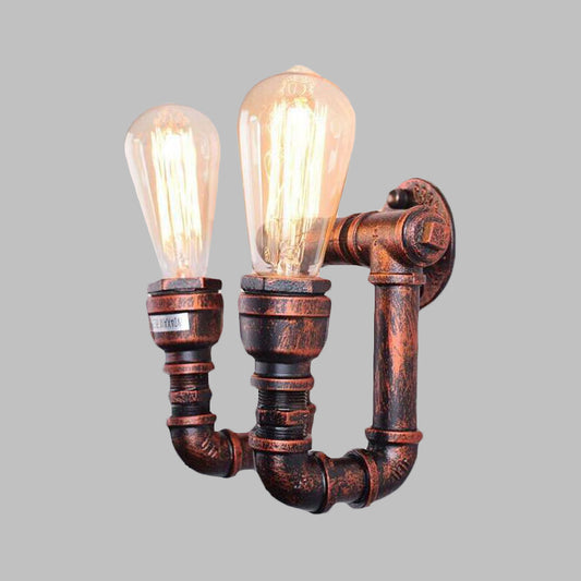 Antiqued Piping Wall Mount Light 2 Lights Metal Sconce Lamp Fixture in Copper for Stairway Clearhalo 'Art deco wall lights' 'Cast Iron' 'Glass' 'Industrial wall lights' 'Industrial' 'Middle century wall lights' 'Modern' 'Rustic wall lights' 'Tiffany' 'Traditional wall lights' 'Wall Lamps & Sconces' 'Wall Lights' Lighting' 510764