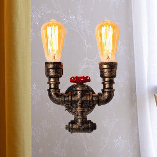 Pipe and Valve Metallic Sconce Lighting Industrial 2 Bulbs Corridor Wall-Mount Lamp in Brass Clearhalo 'Art deco wall lights' 'Cast Iron' 'Glass' 'Industrial wall lights' 'Industrial' 'Middle century wall lights' 'Modern' 'Rustic wall lights' 'Tiffany' 'Traditional wall lights' 'Wall Lamps & Sconces' 'Wall Lights' Lighting' 510767