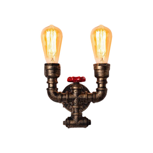 Pipe and Valve Metallic Sconce Lighting Industrial 2 Bulbs Corridor Wall-Mount Lamp in Brass Clearhalo 'Art deco wall lights' 'Cast Iron' 'Glass' 'Industrial wall lights' 'Industrial' 'Middle century wall lights' 'Modern' 'Rustic wall lights' 'Tiffany' 'Traditional wall lights' 'Wall Lamps & Sconces' 'Wall Lights' Lighting' 510768