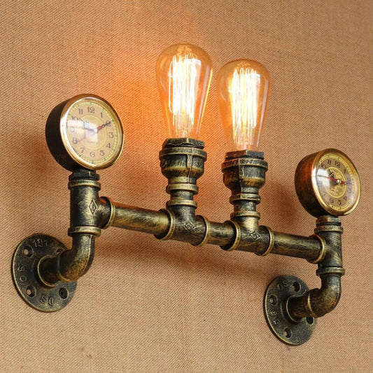 Iron Brass Finish Wall Mount Lamp Pipe and Gauge 2 Lights Farmhouse Wall Mount Sconce Light Clearhalo 'Art deco wall lights' 'Cast Iron' 'Glass' 'Industrial wall lights' 'Industrial' 'Middle century wall lights' 'Modern' 'Rustic wall lights' 'Tiffany' 'Traditional wall lights' 'Wall Lamps & Sconces' 'Wall Lights' Lighting' 510777