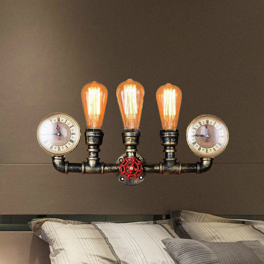 3-Head Iron Wall Lighting Industrial Brass Bare Bulb Hallway Wall Mount Pipe Lamp with Valve and Gauge Deco Clearhalo 'Art deco wall lights' 'Cast Iron' 'Glass' 'Industrial wall lights' 'Industrial' 'Middle century wall lights' 'Modern' 'Rustic wall lights' 'Tiffany' 'Traditional wall lights' 'Wall Lamps & Sconces' 'Wall Lights' Lighting' 510782
