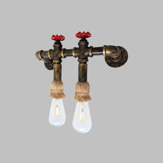 Antique Brass 2-Head Sconce Lighting Industrial Metal Water Pipe and Valve Wall Mount Lamp with Rope Top Clearhalo 'Art deco wall lights' 'Cast Iron' 'Glass' 'Industrial wall lights' 'Industrial' 'Middle century wall lights' 'Modern' 'Rustic wall lights' 'Tiffany' 'Traditional wall lights' 'Wall Lamps & Sconces' 'Wall Lights' Lighting' 510799