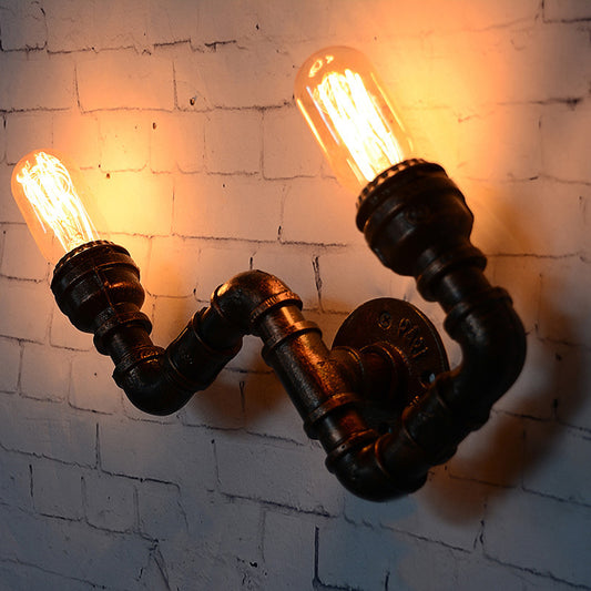 Metallic Curved Arm Sconce Lighting Fixture Industrial 2-Head Hallway Wall-Mounted Lamp in Rust Clearhalo 'Art deco wall lights' 'Cast Iron' 'Glass' 'Industrial wall lights' 'Industrial' 'Middle century wall lights' 'Modern' 'Rustic wall lights' 'Tiffany' 'Traditional wall lights' 'Wall Lamps & Sconces' 'Wall Lights' Lighting' 510822