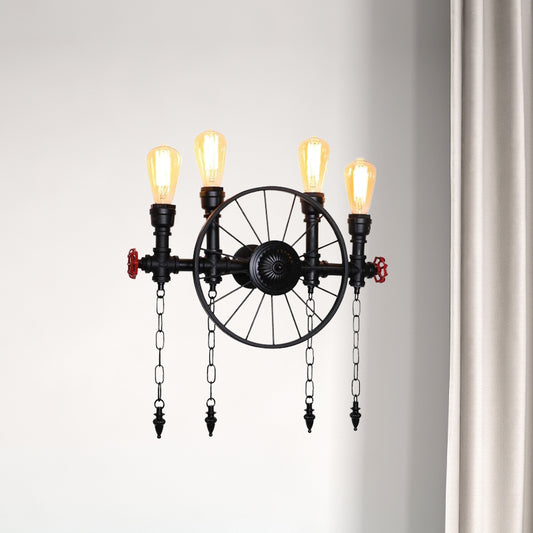 Wheel Metal Wall Lighting Fixture Farmhouse 4-Light Corridor Wall Mount Sconce in Black with Chain Black Clearhalo 'Art deco wall lights' 'Cast Iron' 'Glass' 'Industrial wall lights' 'Industrial' 'Middle century wall lights' 'Modern' 'Rustic wall lights' 'Tiffany' 'Traditional wall lights' 'Wall Lamps & Sconces' 'Wall Lights' Lighting' 510846