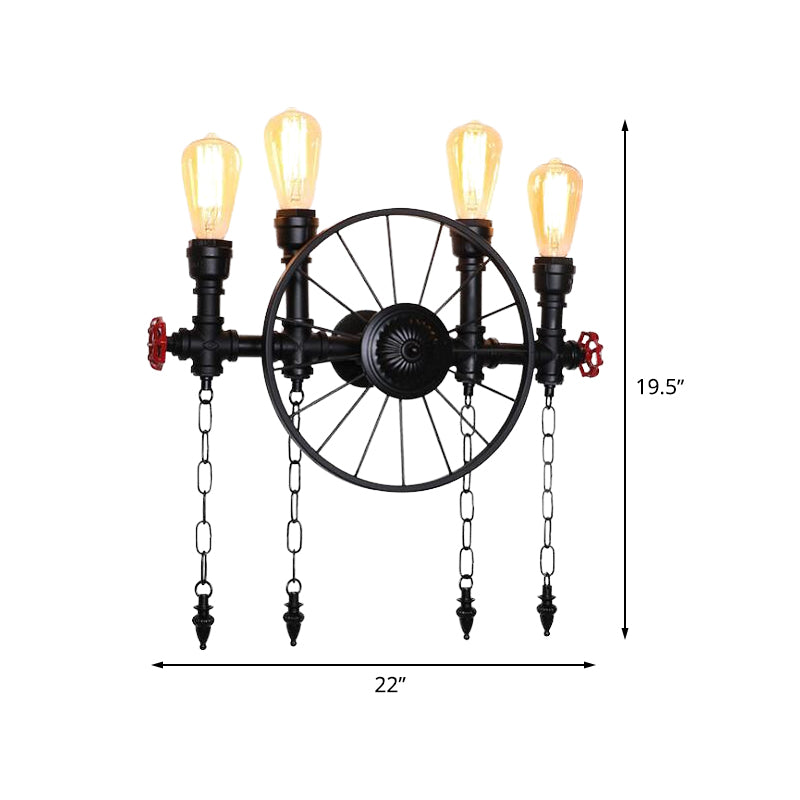 Wheel Metal Wall Lighting Fixture Farmhouse 4-Light Corridor Wall Mount Sconce in Black with Chain Clearhalo 'Art deco wall lights' 'Cast Iron' 'Glass' 'Industrial wall lights' 'Industrial' 'Middle century wall lights' 'Modern' 'Rustic wall lights' 'Tiffany' 'Traditional wall lights' 'Wall Lamps & Sconces' 'Wall Lights' Lighting' 510850
