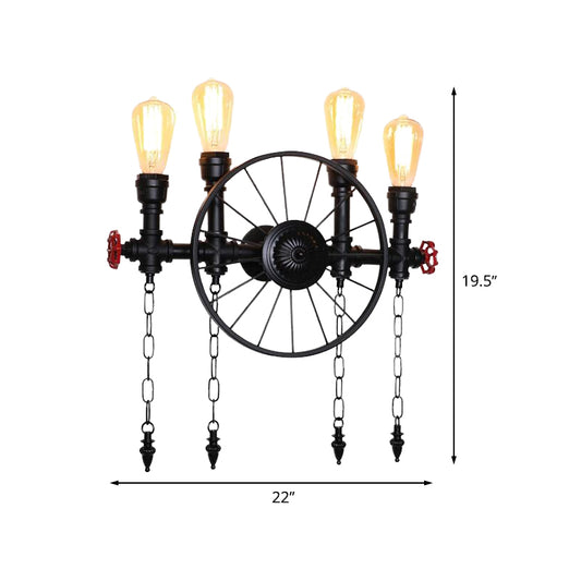 Wheel Metal Wall Lighting Fixture Farmhouse 4-Light Corridor Wall Mount Sconce in Black with Chain Clearhalo 'Art deco wall lights' 'Cast Iron' 'Glass' 'Industrial wall lights' 'Industrial' 'Middle century wall lights' 'Modern' 'Rustic wall lights' 'Tiffany' 'Traditional wall lights' 'Wall Lamps & Sconces' 'Wall Lights' Lighting' 510850