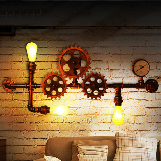 Rust Gear Shape Sconce Lamp Industrial Metallic 3 Bulbs Living Room Wall Mount Light with Linear Design Clearhalo 'Art deco wall lights' 'Cast Iron' 'Glass' 'Industrial wall lights' 'Industrial' 'Middle century wall lights' 'Modern' 'Rustic wall lights' 'Tiffany' 'Traditional wall lights' 'Wall Lamps & Sconces' 'Wall Lights' Lighting' 510853