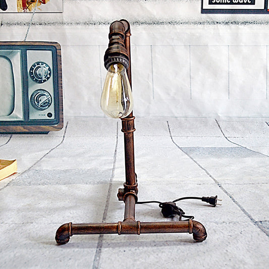 1 Bulb Curved Pipe Table Lamp Farmhouse Rust Finish Metal Night Lighting with Plug In Cord Rust Clearhalo 'Lamps' 'Table Lamps' Lighting' 510903