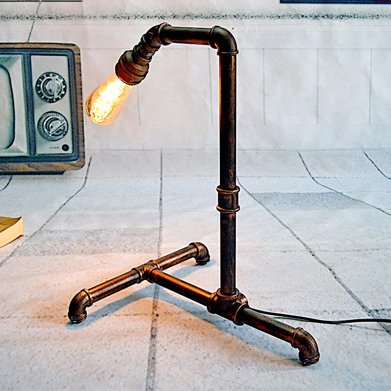 1 Bulb Curved Pipe Table Lamp Farmhouse Rust Finish Metal Night Lighting with Plug In Cord Clearhalo 'Lamps' 'Table Lamps' Lighting' 510904
