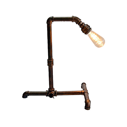 1 Bulb Curved Pipe Table Lamp Farmhouse Rust Finish Metal Night Lighting with Plug In Cord Clearhalo 'Lamps' 'Table Lamps' Lighting' 510906