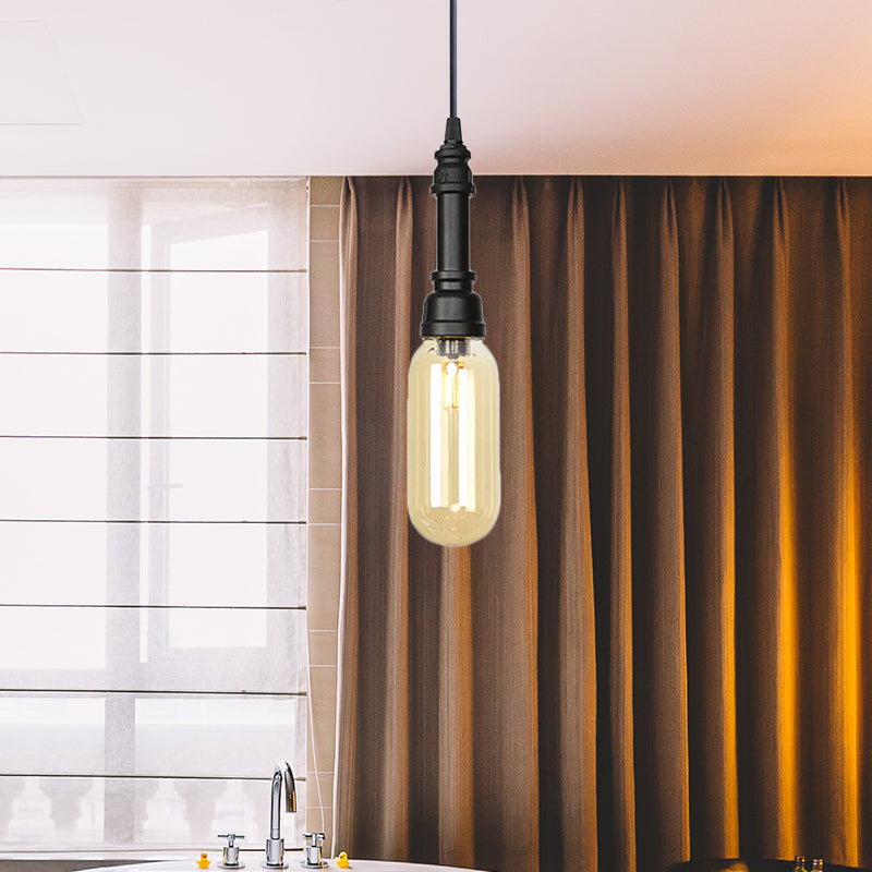1 Bulb Pendant Lighting Vintage Bar LED Hanging Ceiling Lamp with Pill Capsule Amber/Clear Glass Shade Clearhalo 'Art Deco Pendants' 'Cast Iron' 'Ceiling Lights' 'Ceramic' 'Crystal' 'Industrial Pendants' 'Industrial' 'Metal' 'Middle Century Pendants' 'Pendant Lights' 'Pendants' 'Tiffany' Lighting' 510928