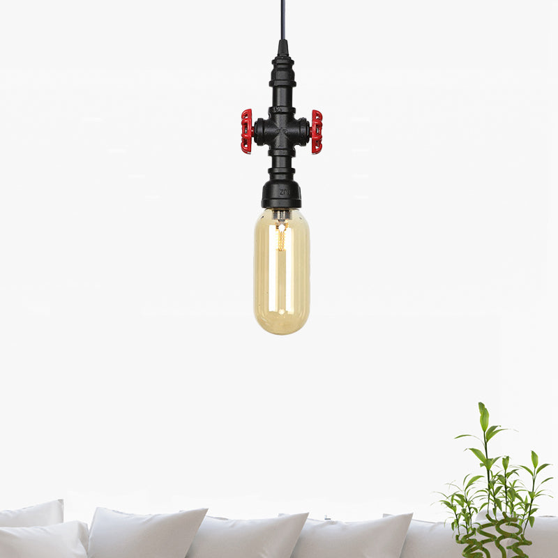 Pipe Metal LED Ceiling Light Antiqued 1 Head 3"/4" W Coffee House Hanging Lamp Kit in Black with Capsule Amber Glass Shade Clearhalo 'Art Deco Pendants' 'Black' 'Cast Iron' 'Ceiling Lights' 'Ceramic' 'Crystal' 'Industrial Pendants' 'Industrial' 'Metal' 'Middle Century Pendants' 'Pendant Lights' 'Pendants' 'Rustic Pendants' 'Tiffany' Lighting' 510937