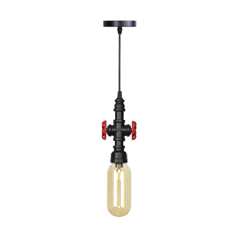 Pipe Metal LED Ceiling Light Antiqued 1 Head 3"/4" W Coffee House Hanging Lamp Kit in Black with Capsule Amber Glass Shade Clearhalo 'Art Deco Pendants' 'Black' 'Cast Iron' 'Ceiling Lights' 'Ceramic' 'Crystal' 'Industrial Pendants' 'Industrial' 'Metal' 'Middle Century Pendants' 'Pendant Lights' 'Pendants' 'Rustic Pendants' 'Tiffany' Lighting' 510939
