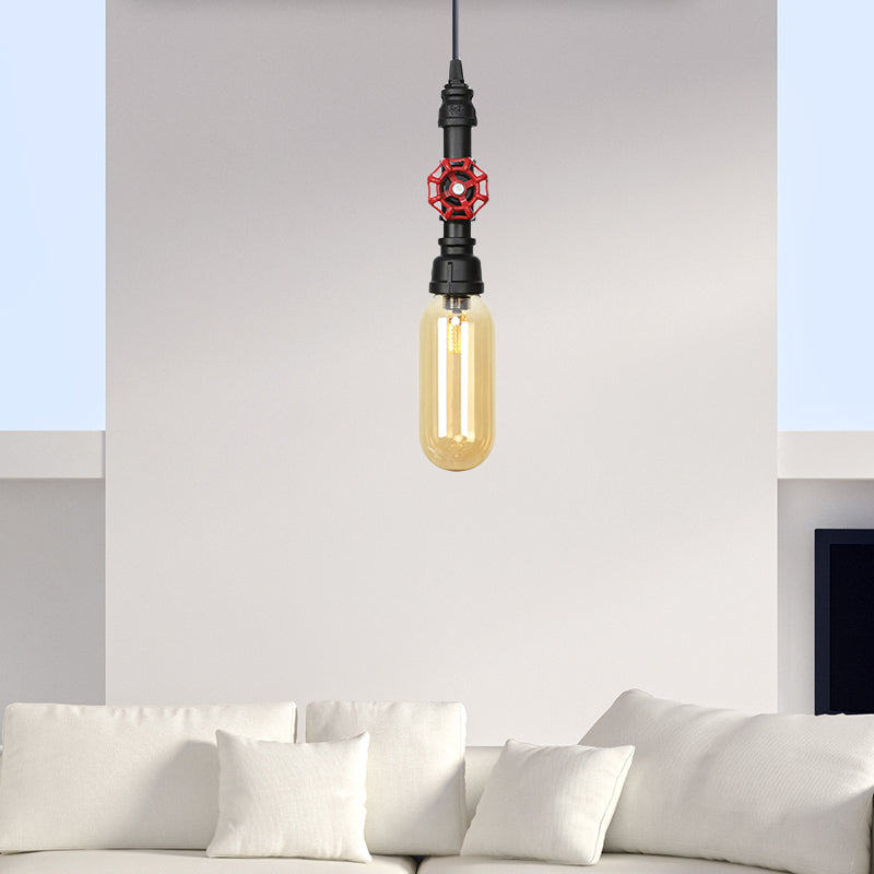 Pipe Metal LED Ceiling Light Antiqued 1 Head 3"/4" W Coffee House Hanging Lamp Kit in Black with Capsule Amber Glass Shade Black 3" Clearhalo 'Art Deco Pendants' 'Black' 'Cast Iron' 'Ceiling Lights' 'Ceramic' 'Crystal' 'Industrial Pendants' 'Industrial' 'Metal' 'Middle Century Pendants' 'Pendant Lights' 'Pendants' 'Rustic Pendants' 'Tiffany' Lighting' 510941