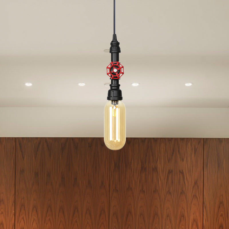 Pipe Metal LED Ceiling Light Antiqued 1 Head 3"/4" W Coffee House Hanging Lamp Kit in Black with Capsule Amber Glass Shade Clearhalo 'Art Deco Pendants' 'Black' 'Cast Iron' 'Ceiling Lights' 'Ceramic' 'Crystal' 'Industrial Pendants' 'Industrial' 'Metal' 'Middle Century Pendants' 'Pendant Lights' 'Pendants' 'Rustic Pendants' 'Tiffany' Lighting' 510942