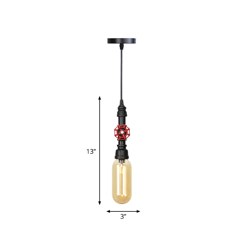 Pipe Metal LED Ceiling Light Antiqued 1 Head 3"/4" W Coffee House Hanging Lamp Kit in Black with Capsule Amber Glass Shade Clearhalo 'Art Deco Pendants' 'Black' 'Cast Iron' 'Ceiling Lights' 'Ceramic' 'Crystal' 'Industrial Pendants' 'Industrial' 'Metal' 'Middle Century Pendants' 'Pendant Lights' 'Pendants' 'Rustic Pendants' 'Tiffany' Lighting' 510945