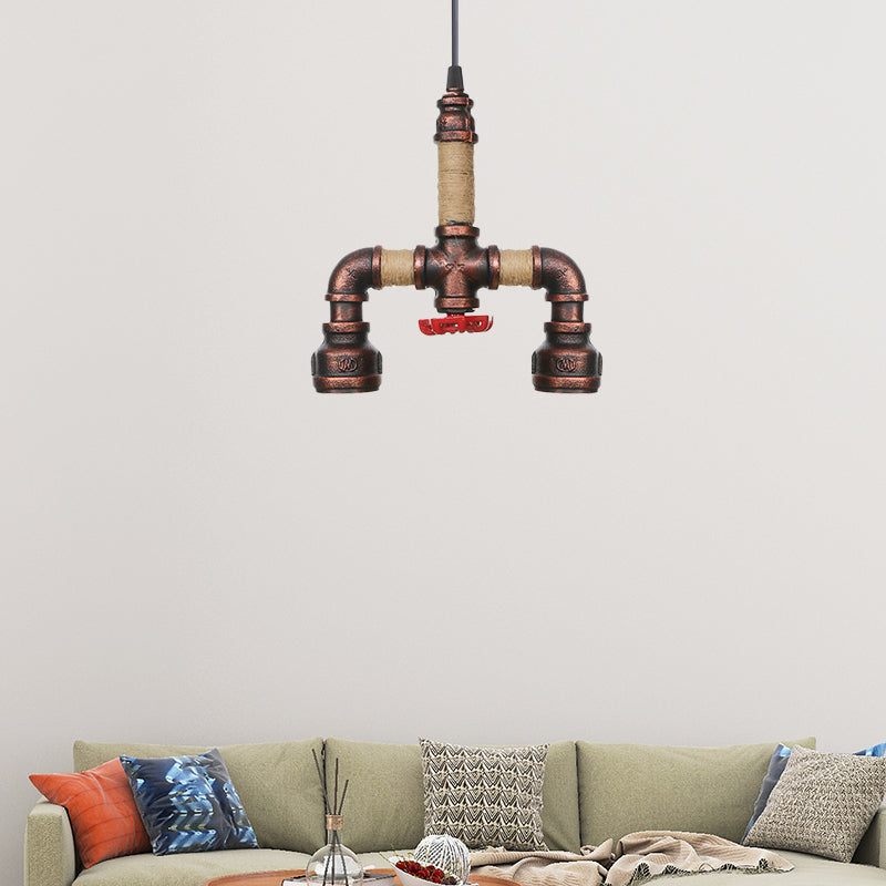 Pipe Corridor Hanging Chandelier Industrial Iron 2 Lights Rust Finish LED Suspended Pendant Lamp Rust C Clearhalo 'Cast Iron' 'Ceiling Lights' 'Chandeliers' 'Industrial Chandeliers' 'Industrial' 'Metal' 'Middle Century Chandeliers' 'Rustic Chandeliers' 'Tiffany' Lighting' 510974