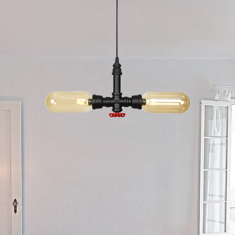 Amber Glass Black Suspension Light Pill Capsule 2-Light Industrial LED Chandelier Pendant Lamp Clearhalo 'Cast Iron' 'Ceiling Lights' 'Chandeliers' 'Industrial Chandeliers' 'Industrial' 'Metal' 'Middle Century Chandeliers' 'Rustic Chandeliers' 'Tiffany' Lighting' 511010