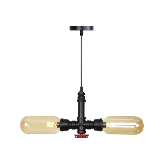 Amber Glass Black Suspension Light Pill Capsule 2-Light Industrial LED Chandelier Pendant Lamp Clearhalo 'Cast Iron' 'Ceiling Lights' 'Chandeliers' 'Industrial Chandeliers' 'Industrial' 'Metal' 'Middle Century Chandeliers' 'Rustic Chandeliers' 'Tiffany' Lighting' 511011