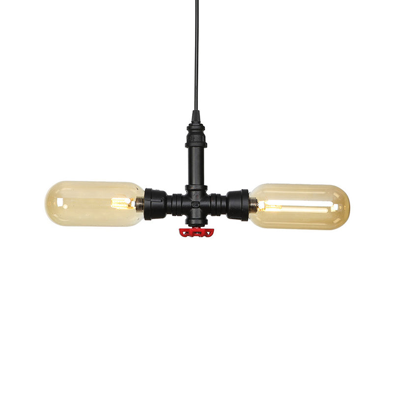 Amber Glass Black Suspension Light Pill Capsule 2-Light Industrial LED Chandelier Pendant Lamp Clearhalo 'Cast Iron' 'Ceiling Lights' 'Chandeliers' 'Industrial Chandeliers' 'Industrial' 'Metal' 'Middle Century Chandeliers' 'Rustic Chandeliers' 'Tiffany' Lighting' 511012