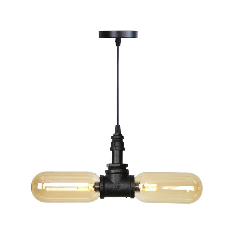 Amber Glass Black Suspension Light Pill Capsule 2-Light Industrial LED Chandelier Pendant Lamp Clearhalo 'Cast Iron' 'Ceiling Lights' 'Chandeliers' 'Industrial Chandeliers' 'Industrial' 'Metal' 'Middle Century Chandeliers' 'Rustic Chandeliers' 'Tiffany' Lighting' 511016