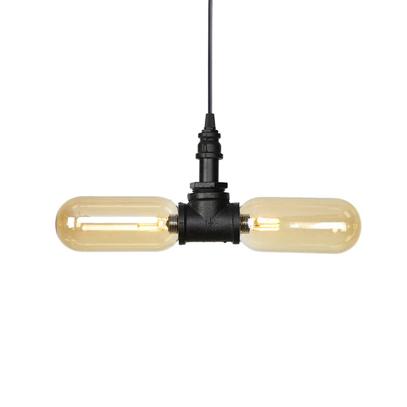 Amber Glass Black Suspension Light Pill Capsule 2-Light Industrial LED Chandelier Pendant Lamp Clearhalo 'Cast Iron' 'Ceiling Lights' 'Chandeliers' 'Industrial Chandeliers' 'Industrial' 'Metal' 'Middle Century Chandeliers' 'Rustic Chandeliers' 'Tiffany' Lighting' 511017