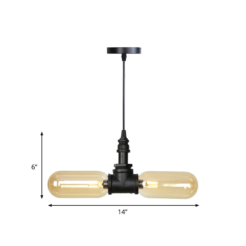 Amber Glass Black Suspension Light Pill Capsule 2-Light Industrial LED Chandelier Pendant Lamp Clearhalo 'Cast Iron' 'Ceiling Lights' 'Chandeliers' 'Industrial Chandeliers' 'Industrial' 'Metal' 'Middle Century Chandeliers' 'Rustic Chandeliers' 'Tiffany' Lighting' 511018