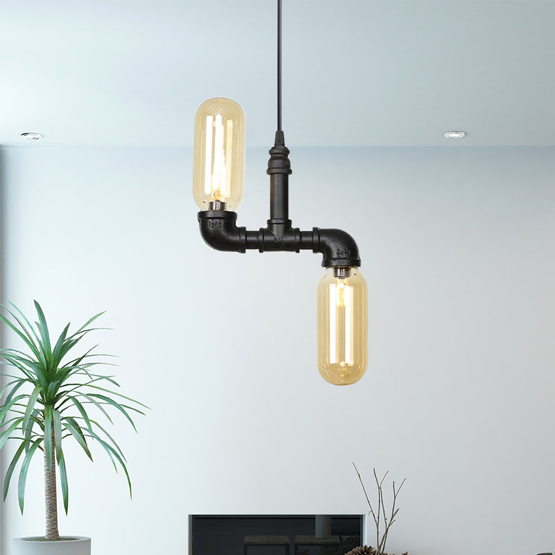 Amber Glass Black Suspension Light Pill Capsule 2-Light Industrial LED Chandelier Pendant Lamp Black A Clearhalo 'Cast Iron' 'Ceiling Lights' 'Chandeliers' 'Industrial Chandeliers' 'Industrial' 'Metal' 'Middle Century Chandeliers' 'Rustic Chandeliers' 'Tiffany' Lighting' 511019