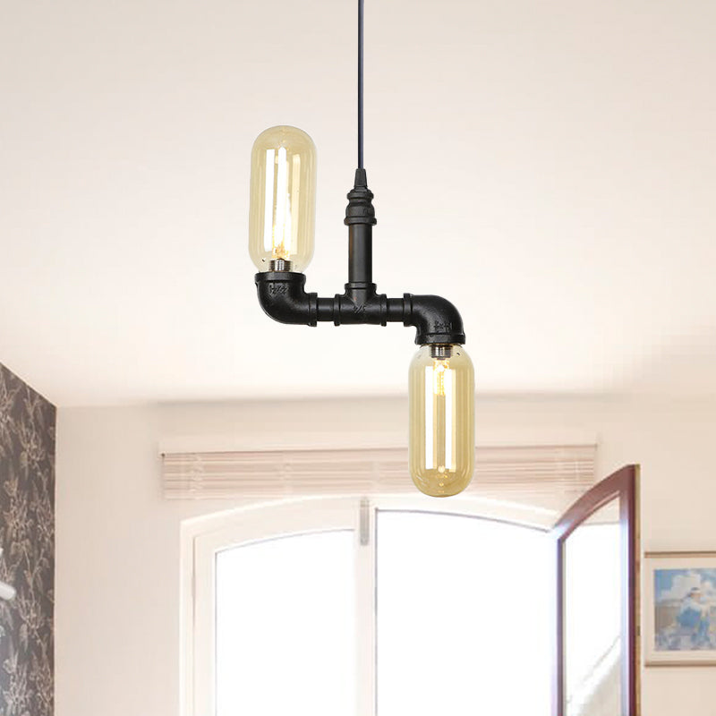 Amber Glass Black Suspension Light Pill Capsule 2-Light Industrial LED Chandelier Pendant Lamp Clearhalo 'Cast Iron' 'Ceiling Lights' 'Chandeliers' 'Industrial Chandeliers' 'Industrial' 'Metal' 'Middle Century Chandeliers' 'Rustic Chandeliers' 'Tiffany' Lighting' 511020