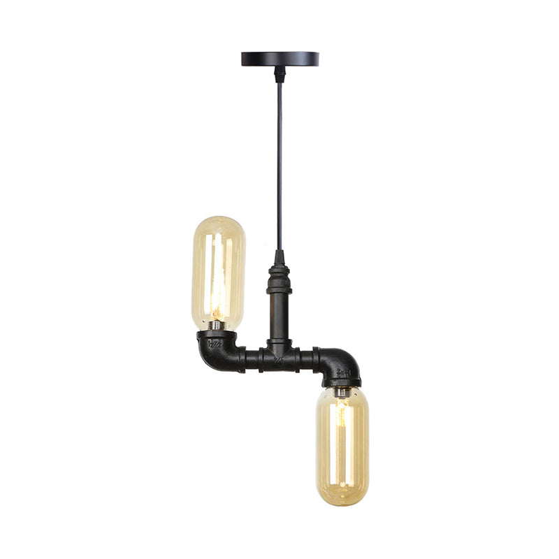 Amber Glass Black Suspension Light Pill Capsule 2-Light Industrial LED Chandelier Pendant Lamp Clearhalo 'Cast Iron' 'Ceiling Lights' 'Chandeliers' 'Industrial Chandeliers' 'Industrial' 'Metal' 'Middle Century Chandeliers' 'Rustic Chandeliers' 'Tiffany' Lighting' 511021