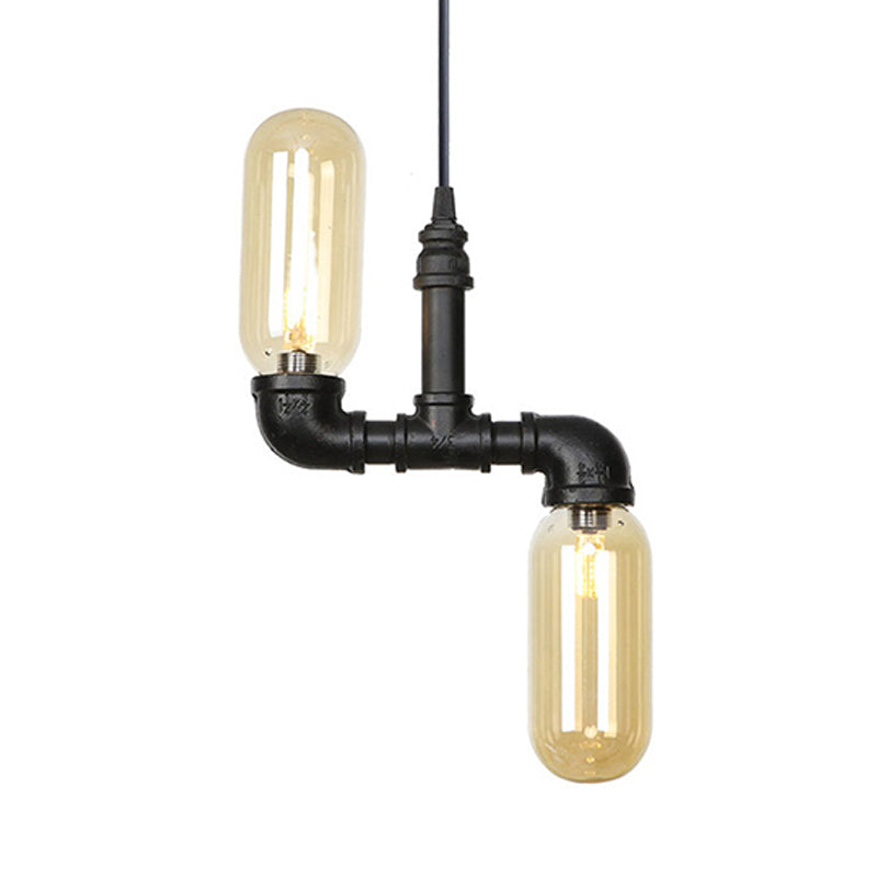 Amber Glass Black Suspension Light Pill Capsule 2-Light Industrial LED Chandelier Pendant Lamp Clearhalo 'Cast Iron' 'Ceiling Lights' 'Chandeliers' 'Industrial Chandeliers' 'Industrial' 'Metal' 'Middle Century Chandeliers' 'Rustic Chandeliers' 'Tiffany' Lighting' 511022