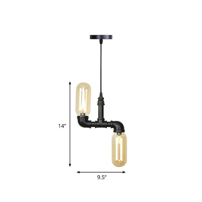 Amber Glass Black Suspension Light Pill Capsule 2-Light Industrial LED Chandelier Pendant Lamp Clearhalo 'Cast Iron' 'Ceiling Lights' 'Chandeliers' 'Industrial Chandeliers' 'Industrial' 'Metal' 'Middle Century Chandeliers' 'Rustic Chandeliers' 'Tiffany' Lighting' 511023