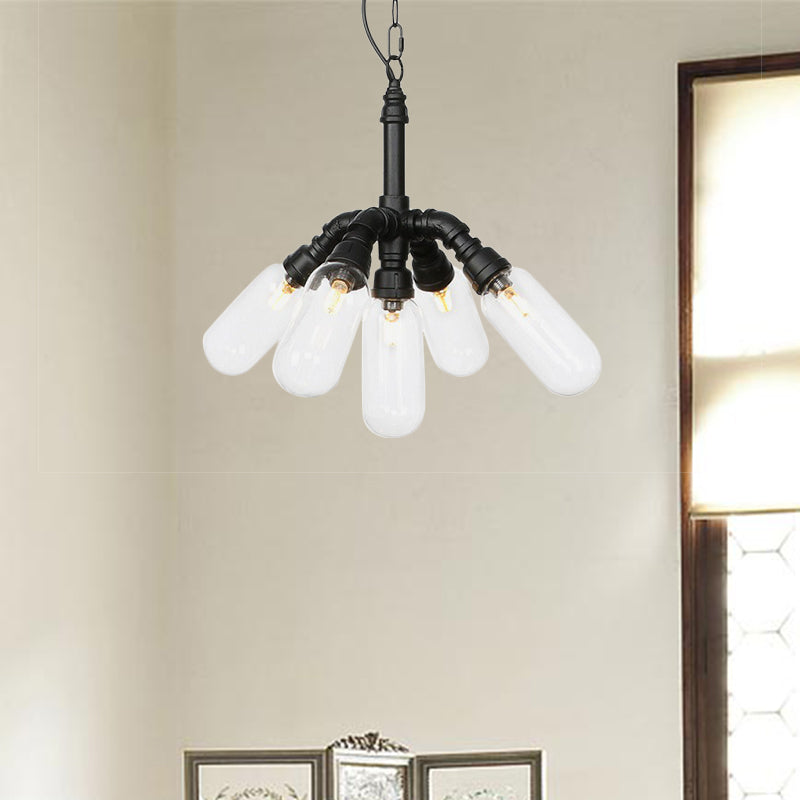 Black Piping Chandelier Lighting Industrial Iron 2/4/5 Bulbs Coffee House Pendant Lamp with Pill Capsule Clear Glass Shade 5 Black Clearhalo 'Cast Iron' 'Ceiling Lights' 'Chandeliers' 'Industrial Chandeliers' 'Industrial' 'Metal' 'Middle Century Chandeliers' 'Rustic Chandeliers' 'Tiffany' Lighting' 511024