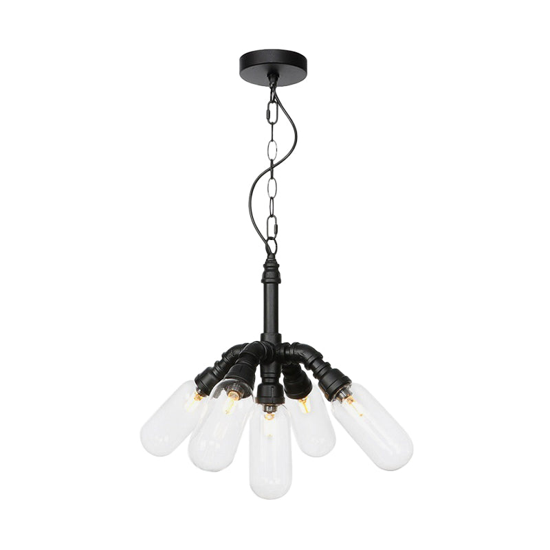 Black Piping Chandelier Lighting Industrial Iron 2/4/5 Bulbs Coffee House Pendant Lamp with Pill Capsule Clear Glass Shade Clearhalo 'Cast Iron' 'Ceiling Lights' 'Chandeliers' 'Industrial Chandeliers' 'Industrial' 'Metal' 'Middle Century Chandeliers' 'Rustic Chandeliers' 'Tiffany' Lighting' 511026
