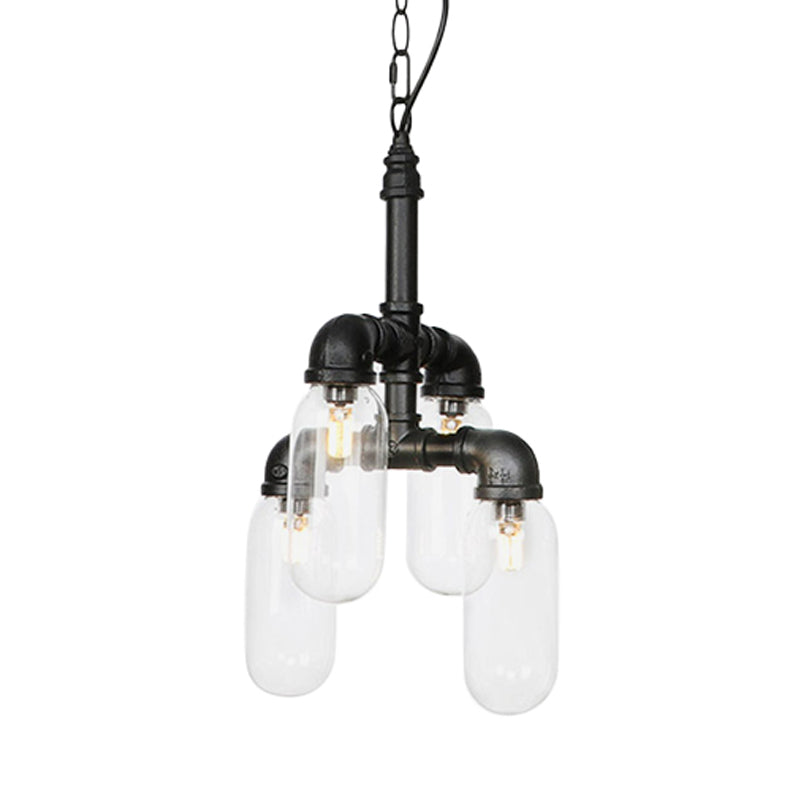 Black Piping Chandelier Lighting Industrial Iron 2/4/5 Bulbs Coffee House Pendant Lamp with Pill Capsule Clear Glass Shade Clearhalo 'Cast Iron' 'Ceiling Lights' 'Chandeliers' 'Industrial Chandeliers' 'Industrial' 'Metal' 'Middle Century Chandeliers' 'Rustic Chandeliers' 'Tiffany' Lighting' 511032