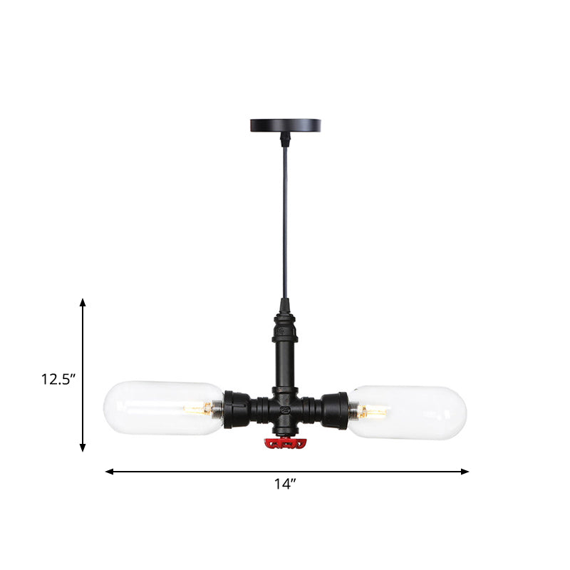 Clear Glass Capsule Shade Pendant Antiqued 2-Head Coffee Shop LED Ceiling Chandelier in Black with Pipe Design Clearhalo 'Cast Iron' 'Ceiling Lights' 'Chandeliers' 'Industrial Chandeliers' 'Industrial' 'Metal' 'Middle Century Chandeliers' 'Rustic Chandeliers' 'Tiffany' Lighting' 511048