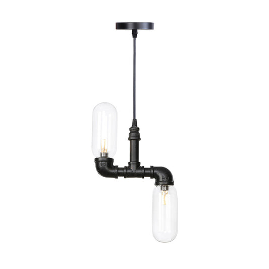Clear Glass Capsule Shade Pendant Antiqued 2-Head Coffee Shop LED Ceiling Chandelier in Black with Pipe Design Clearhalo 'Cast Iron' 'Ceiling Lights' 'Chandeliers' 'Industrial Chandeliers' 'Industrial' 'Metal' 'Middle Century Chandeliers' 'Rustic Chandeliers' 'Tiffany' Lighting' 511050