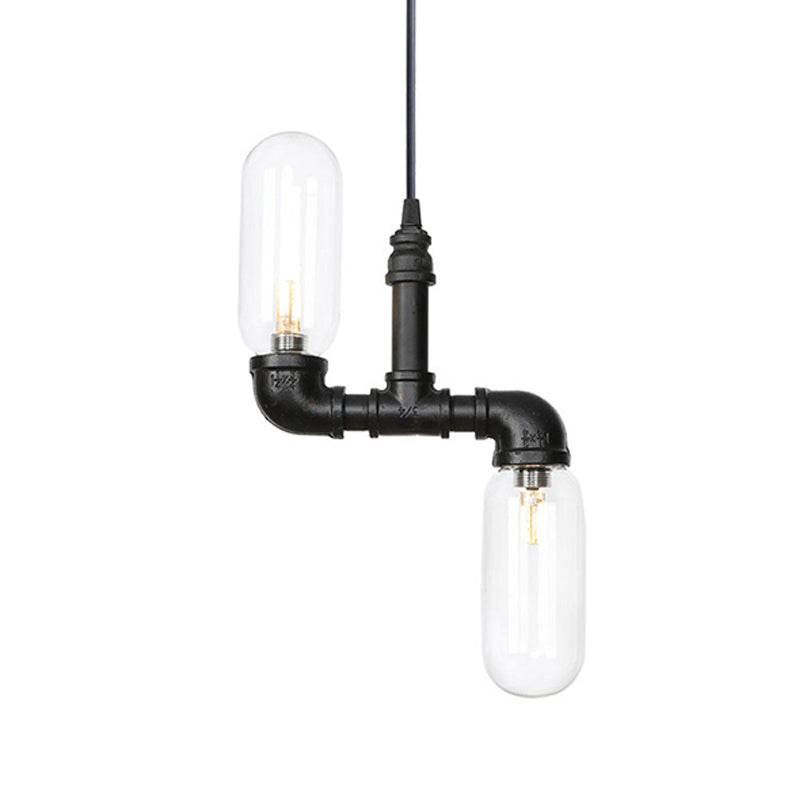 Clear Glass Capsule Shade Pendant Antiqued 2-Head Coffee Shop LED Ceiling Chandelier in Black with Pipe Design Clearhalo 'Cast Iron' 'Ceiling Lights' 'Chandeliers' 'Industrial Chandeliers' 'Industrial' 'Metal' 'Middle Century Chandeliers' 'Rustic Chandeliers' 'Tiffany' Lighting' 511051
