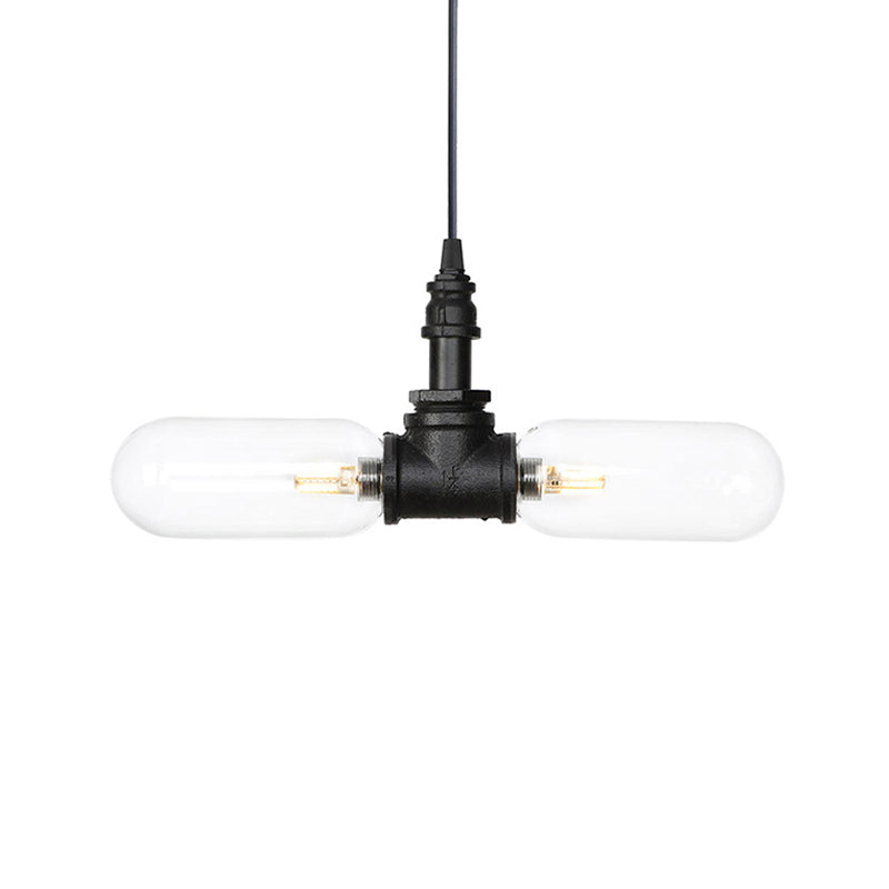 Clear Glass Capsule Shade Pendant Antiqued 2-Head Coffee Shop LED Ceiling Chandelier in Black with Pipe Design Clearhalo 'Cast Iron' 'Ceiling Lights' 'Chandeliers' 'Industrial Chandeliers' 'Industrial' 'Metal' 'Middle Century Chandeliers' 'Rustic Chandeliers' 'Tiffany' Lighting' 511054