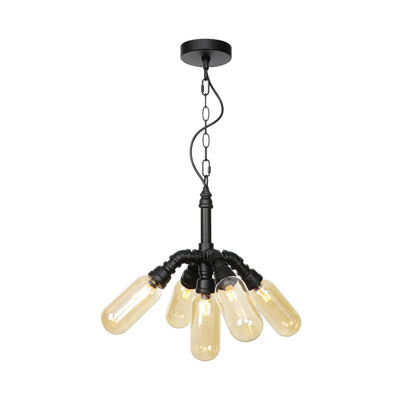 2/3/5 Heads Metal Hanging Light Kit Antiqued Black Finish Sputnik Pipe Bar Chandelier with Capsule Amber Glass Shade Clearhalo 'Cast Iron' 'Ceiling Lights' 'Chandeliers' 'Industrial Chandeliers' 'Industrial' 'Metal' 'Middle Century Chandeliers' 'Rustic Chandeliers' 'Tiffany' Lighting' 511083