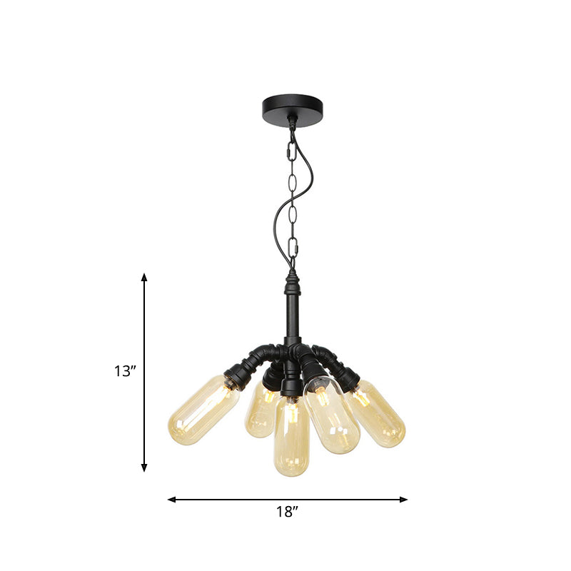2/3/5 Heads Metal Hanging Light Kit Antiqued Black Finish Sputnik Pipe Bar Chandelier with Capsule Amber Glass Shade Clearhalo 'Cast Iron' 'Ceiling Lights' 'Chandeliers' 'Industrial Chandeliers' 'Industrial' 'Metal' 'Middle Century Chandeliers' 'Rustic Chandeliers' 'Tiffany' Lighting' 511085