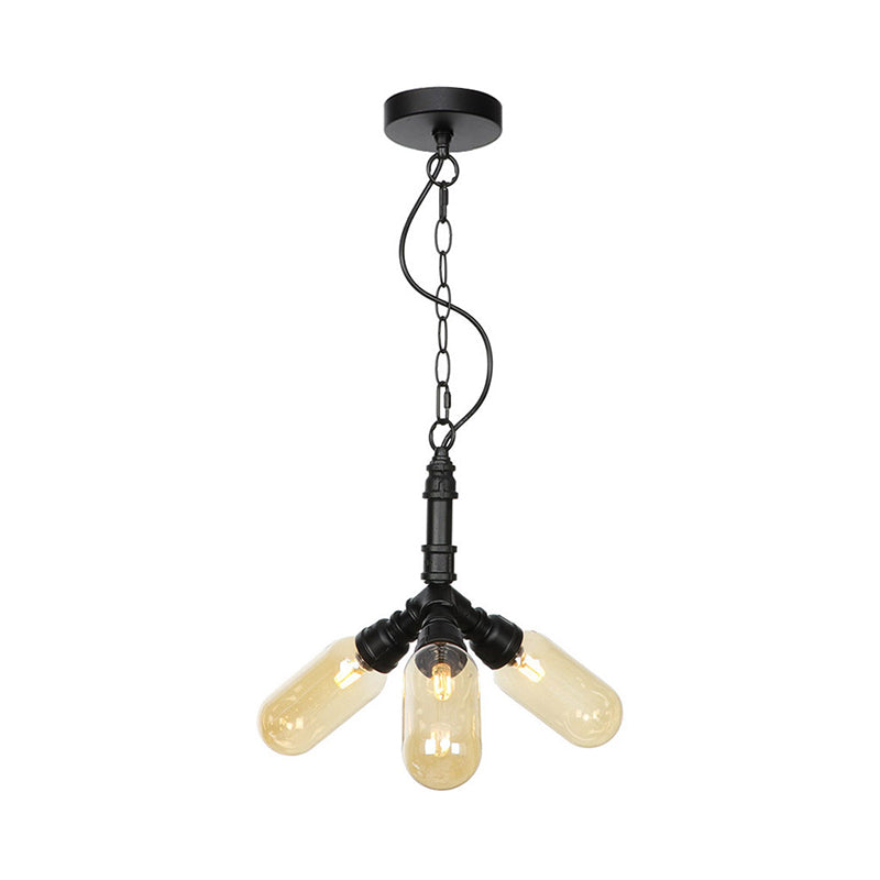 2/3/5 Heads Metal Hanging Light Kit Antiqued Black Finish Sputnik Pipe Bar Chandelier with Capsule Amber Glass Shade Clearhalo 'Cast Iron' 'Ceiling Lights' 'Chandeliers' 'Industrial Chandeliers' 'Industrial' 'Metal' 'Middle Century Chandeliers' 'Rustic Chandeliers' 'Tiffany' Lighting' 511088