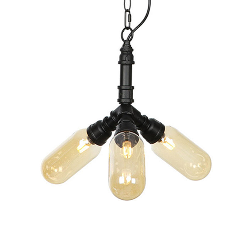 2/3/5 Heads Metal Hanging Light Kit Antiqued Black Finish Sputnik Pipe Bar Chandelier with Capsule Amber Glass Shade Clearhalo 'Cast Iron' 'Ceiling Lights' 'Chandeliers' 'Industrial Chandeliers' 'Industrial' 'Metal' 'Middle Century Chandeliers' 'Rustic Chandeliers' 'Tiffany' Lighting' 511089
