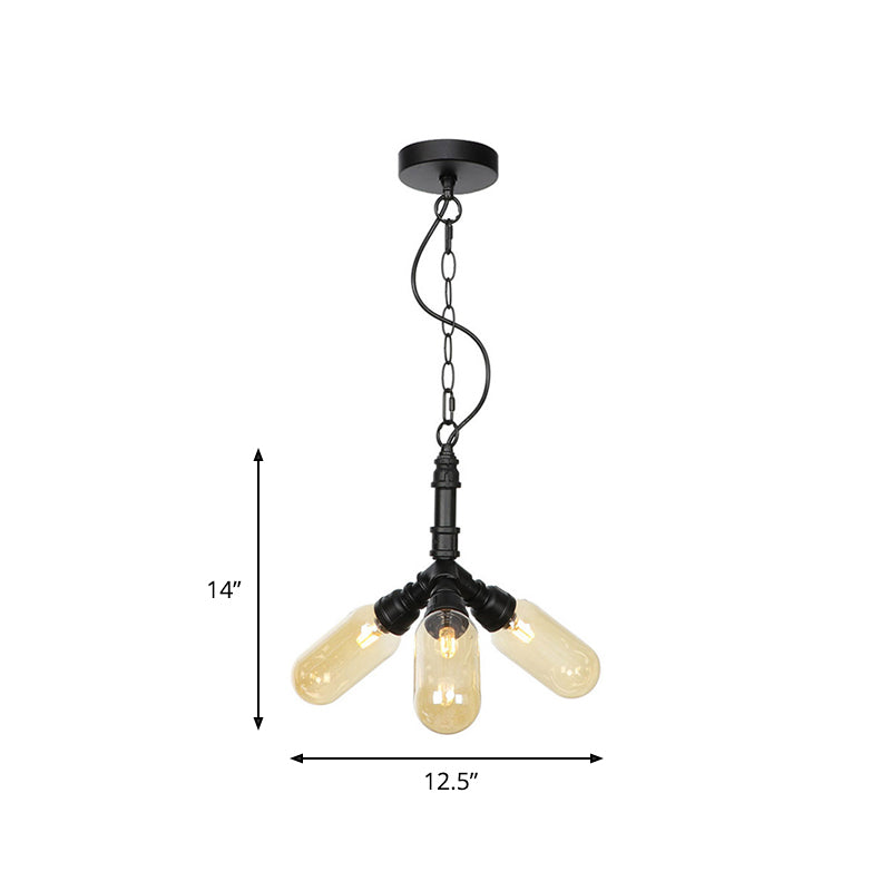 2/3/5 Heads Metal Hanging Light Kit Antiqued Black Finish Sputnik Pipe Bar Chandelier with Capsule Amber Glass Shade Clearhalo 'Cast Iron' 'Ceiling Lights' 'Chandeliers' 'Industrial Chandeliers' 'Industrial' 'Metal' 'Middle Century Chandeliers' 'Rustic Chandeliers' 'Tiffany' Lighting' 511090