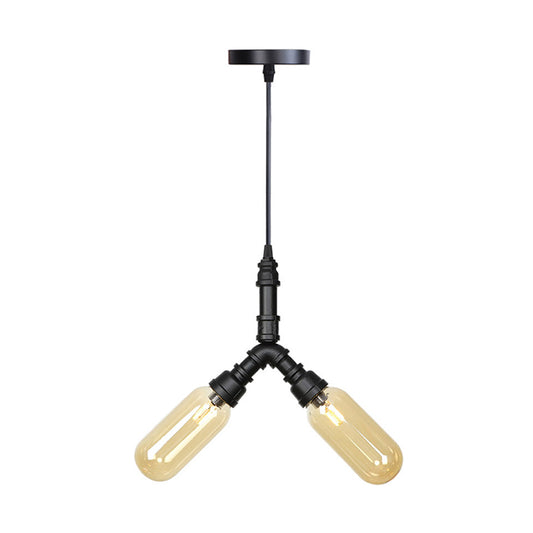 2/3/5 Heads Metal Hanging Light Kit Antiqued Black Finish Sputnik Pipe Bar Chandelier with Capsule Amber Glass Shade Clearhalo 'Cast Iron' 'Ceiling Lights' 'Chandeliers' 'Industrial Chandeliers' 'Industrial' 'Metal' 'Middle Century Chandeliers' 'Rustic Chandeliers' 'Tiffany' Lighting' 511093
