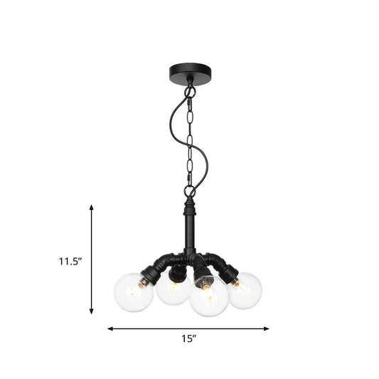 2/3/4-Bulb Globe Pendant Chandelier Industrial Black Clear Glass LED Suspension Light with Pipe Design Clearhalo 'Cast Iron' 'Ceiling Lights' 'Chandeliers' 'Industrial Chandeliers' 'Industrial' 'Metal' 'Middle Century Chandeliers' 'Rustic Chandeliers' 'Tiffany' Lighting' 511109