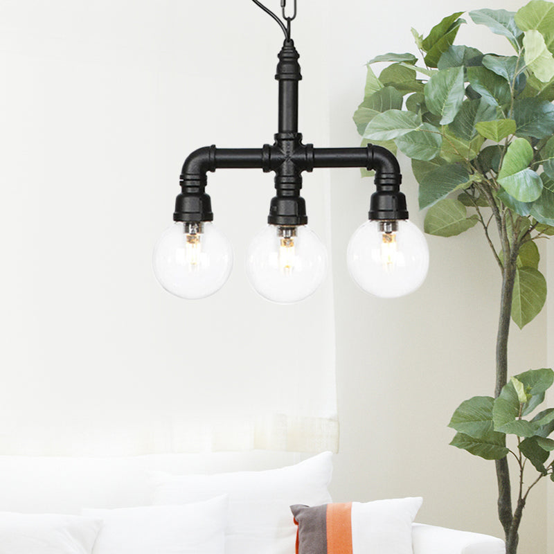 Metallic Black Hanging Lighting Piping 3/4 Heads Vintage LED Chandelier Pendant Lamp with Ball Clear Glass Shade for Bar Clearhalo 'Cast Iron' 'Ceiling Lights' 'Chandeliers' 'Industrial Chandeliers' 'Industrial' 'Metal' 'Middle Century Chandeliers' 'Rustic Chandeliers' 'Tiffany' Lighting' 511131