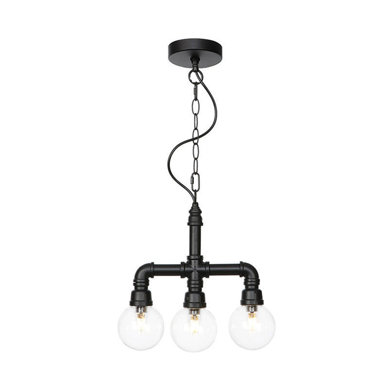 Metallic Black Hanging Lighting Piping 3/4 Heads Vintage LED Chandelier Pendant Lamp with Ball Clear Glass Shade for Bar Clearhalo 'Cast Iron' 'Ceiling Lights' 'Chandeliers' 'Industrial Chandeliers' 'Industrial' 'Metal' 'Middle Century Chandeliers' 'Rustic Chandeliers' 'Tiffany' Lighting' 511132